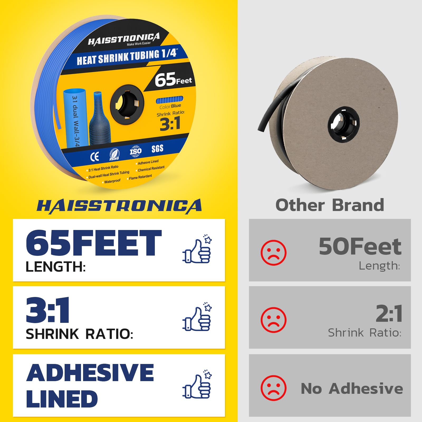 Haisstronica 1/4" blue dual-wall heat shrink tubing, 65 feet, 3:1 ratio, waterproof for outdoor use.