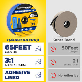 Haisstronica 1/4" blue dual-wall heat shrink tubing, 65 feet, 3:1 ratio, waterproof for outdoor use.