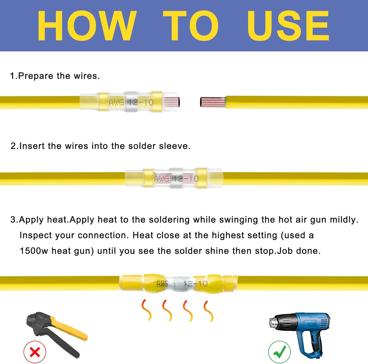 Haisstronica heat shrink butt splice step-by-step: insert wires, apply heat with a 1500W heat gun for secure joints.