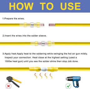 Haisstronica heat shrink butt splice step-by-step: insert wires, apply heat with a 1500W heat gun for secure joints.