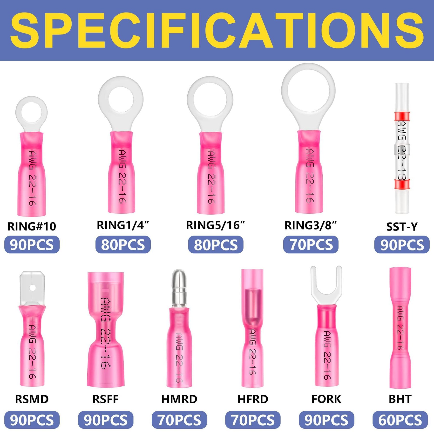 Haisstronica shrink wire connectors kit featuring RSMD, RSFF, and fork terminals for versatile electrical applications.