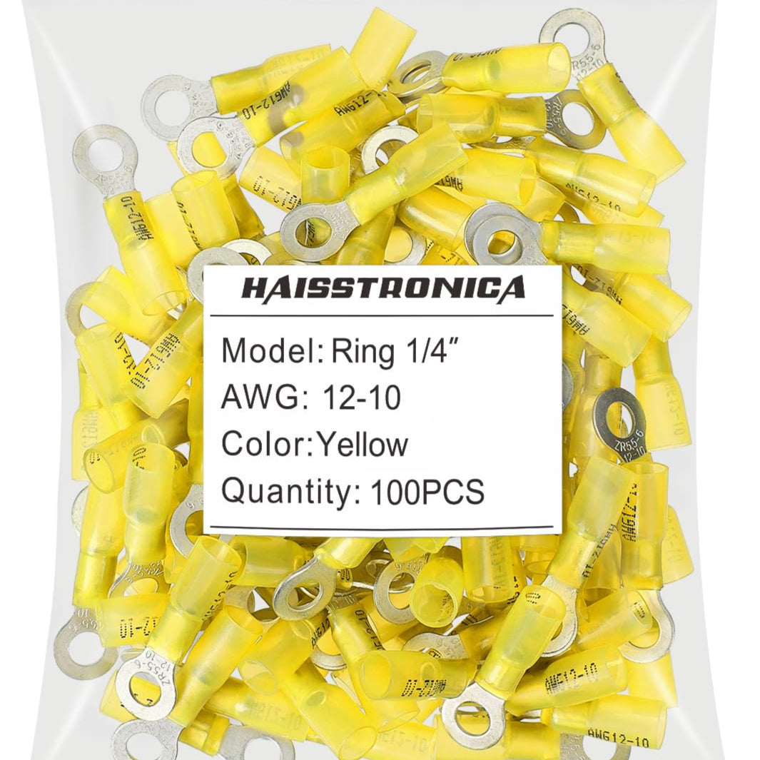 Haisstronica shrink wrap wire connectors (1/4", Yellow, 12-10AWG, 100PCS) with waterproof adhesive lining.