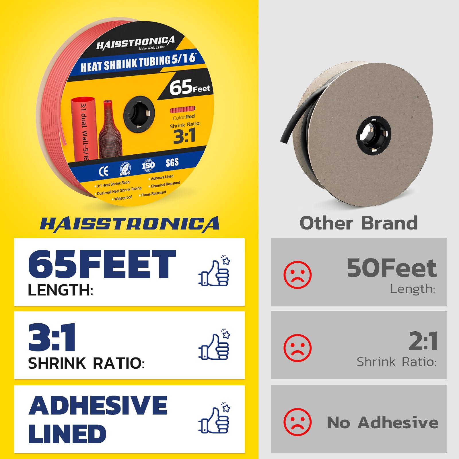Haisstronica 5/16" adhesive-lined heat shrink tubing, 65 feet, 3:1 ratio, waterproof, and chemical-resistant for secure seals.