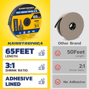 Haisstronica black heat shrink tubing (5/8", 65ft) – 3:1 dual-wall, waterproof, and ISO-certified for electrical wires.