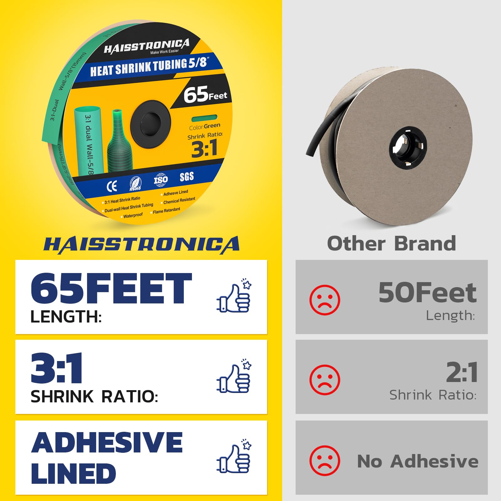 Haisstronica heat shrink tube (5/8", green, 65ft) – SGS-certified, 3:1 dual-wall, and chemical-resistant.