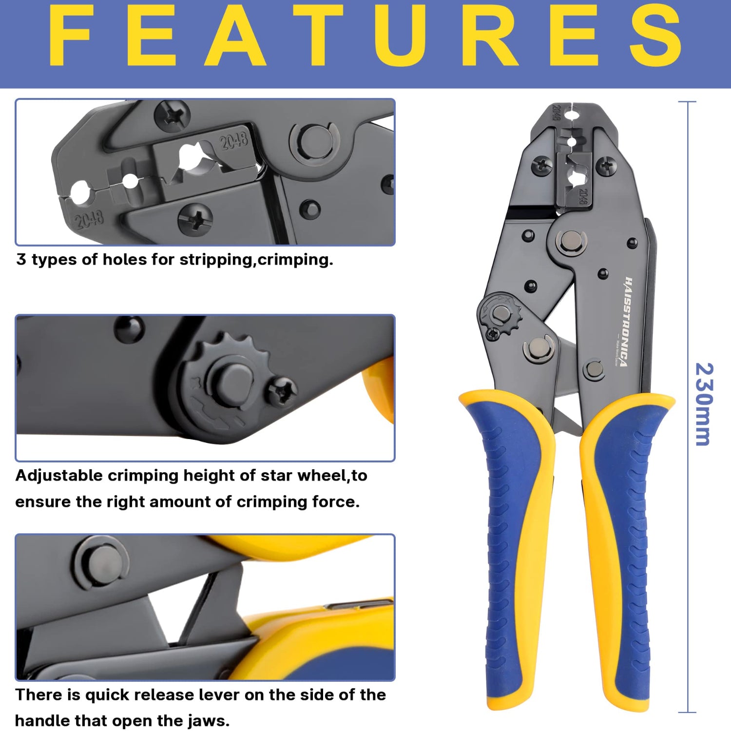 Haisstronica tool crimping spark plug terminals (single/dual crimp) with multi-functional jaws for stripping and crimping.