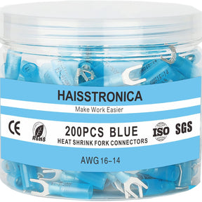 Haisstronica heat shrink electrical connectors, 200PCS blue fork terminals, AWG 16-14, ISO SGS certified.