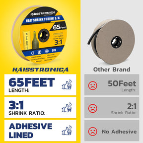 Premium Haisstronica 1/4" heat shrink tubing, 65 feet, 3:1 ratio, waterproof, and chemical-resistant for reliability.