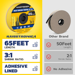 Haisstronica waterproof heat shrink tubing (3/16", yellow, 65ft) – flame-resistant and chemical-proof for automotive use.