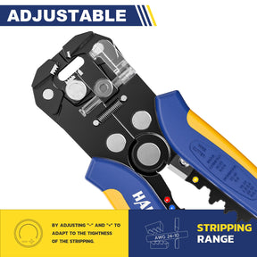 Adjustable Haisstronica wire stripper, AWG 24-10 markings, red/blue buttons, stripping tightness adjustment, non-insulated terminals.