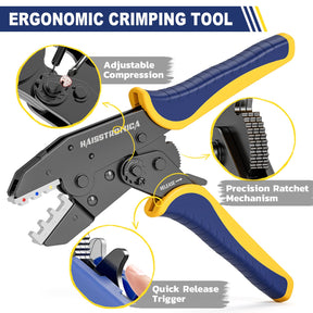 Haisstronica ratchet crimping tool with adjustable compression and precision ratchet mechanism for ergonomic wire terminations.