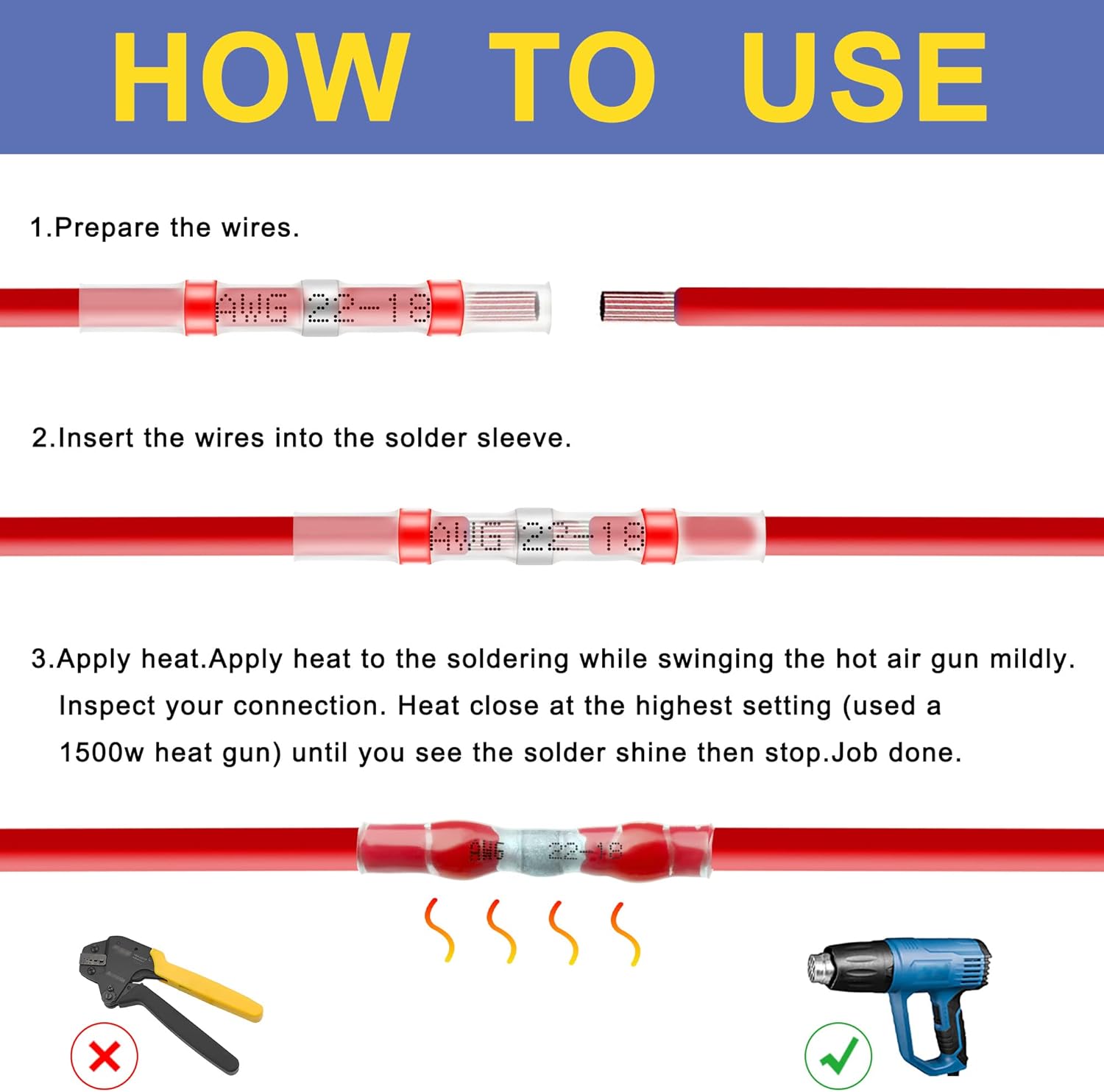 Haisstronica heat shrink butt splice instructions: solder sleeves and heat application with a 1500W heat gun.