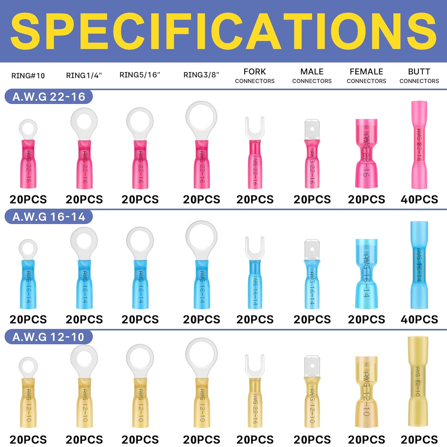 Heat Shrink Wire Connectors Kit AWG 16-14 22-16 12-10