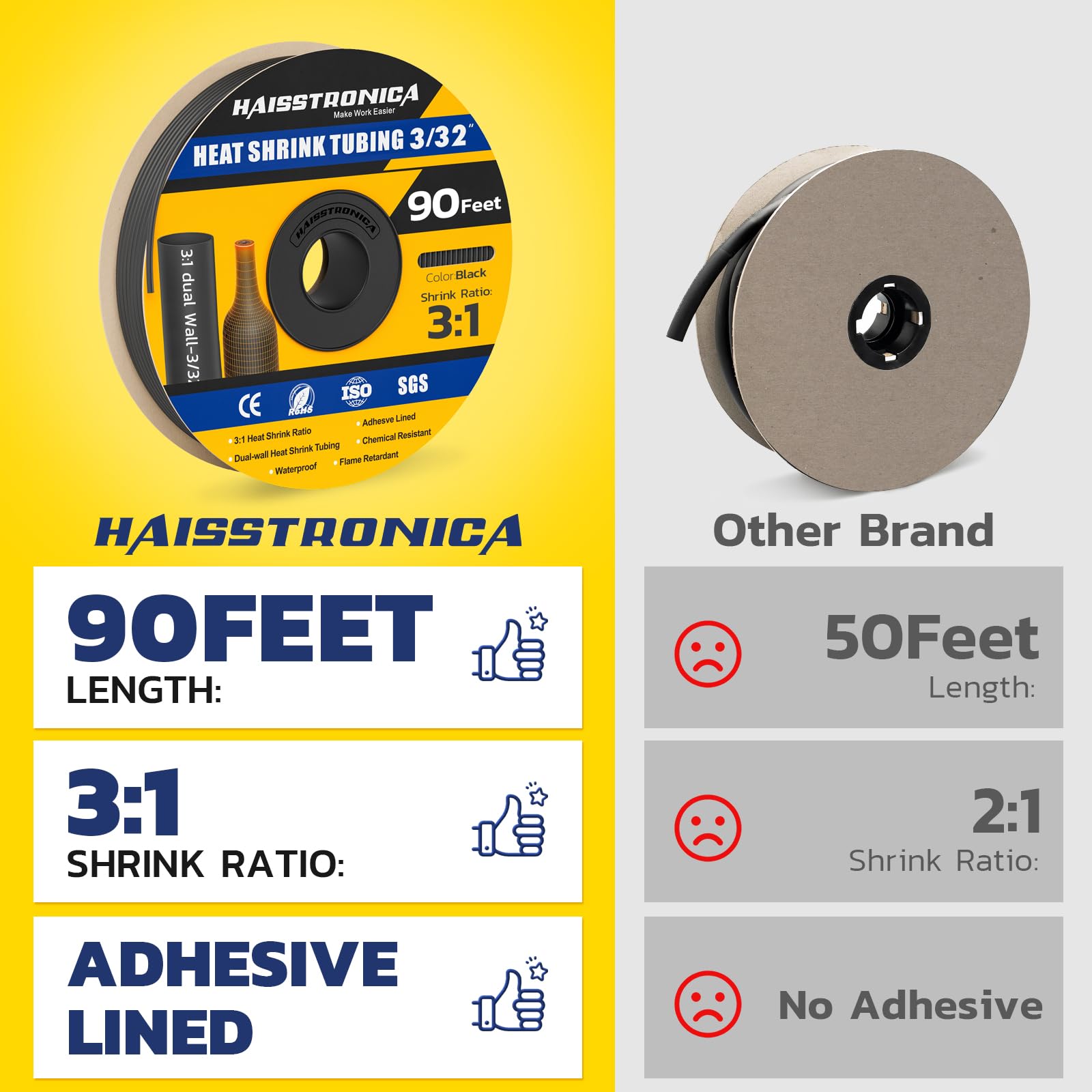 Haisstronica 3/32" black heat shrink tubing, 90 feet, 3:1 ratio, flame-retardant, adhesive-lined for industrial durability.