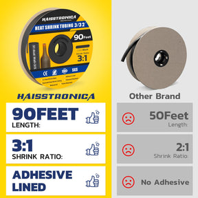 Haisstronica 3/32" black heat shrink tubing, 90 feet, 3:1 ratio, flame-retardant, adhesive-lined for industrial durability.