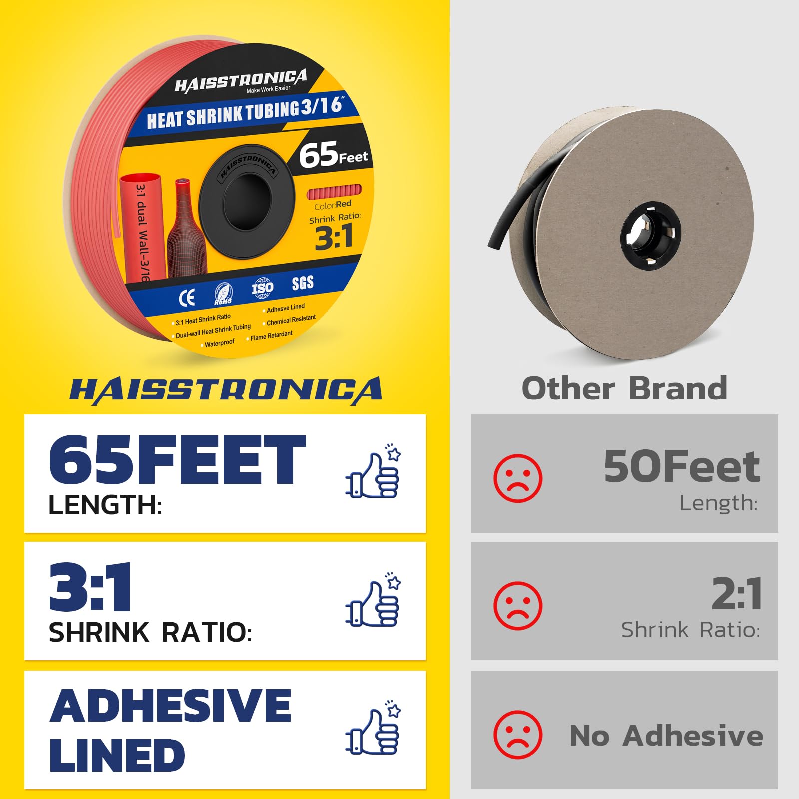Haisstronica high temperature heat shrink tubing (3/16", red, 65ft) with 5:1 dual-wall and chemical resistance.