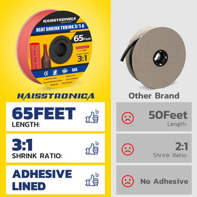 Haisstronica high temperature heat shrink tubing (3/16", red, 65ft) with 5:1 dual-wall and chemical resistance.