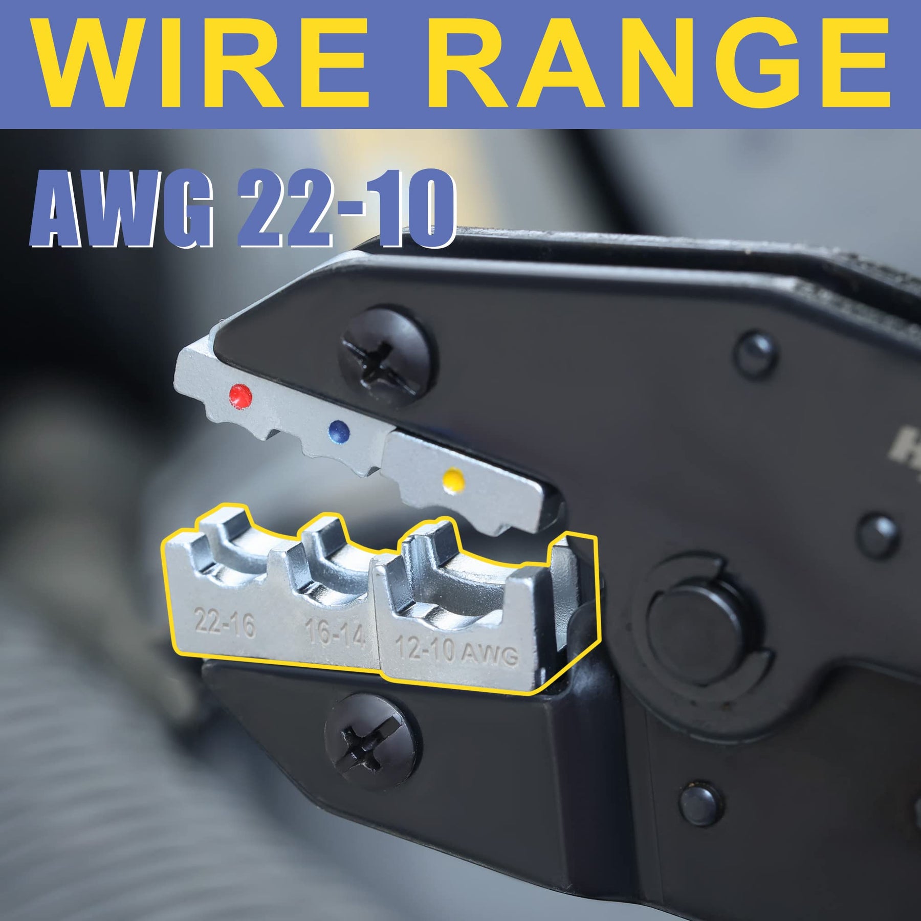 Haisstronica Crimping Tool adjustable head - 22-10 AWG range. 22-16,16-14,12-10 notches with yellow highlights.