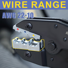 Haisstronica Crimping Tool adjustable head - 22-10 AWG range. 22-16,16-14,12-10 notches with yellow highlights.