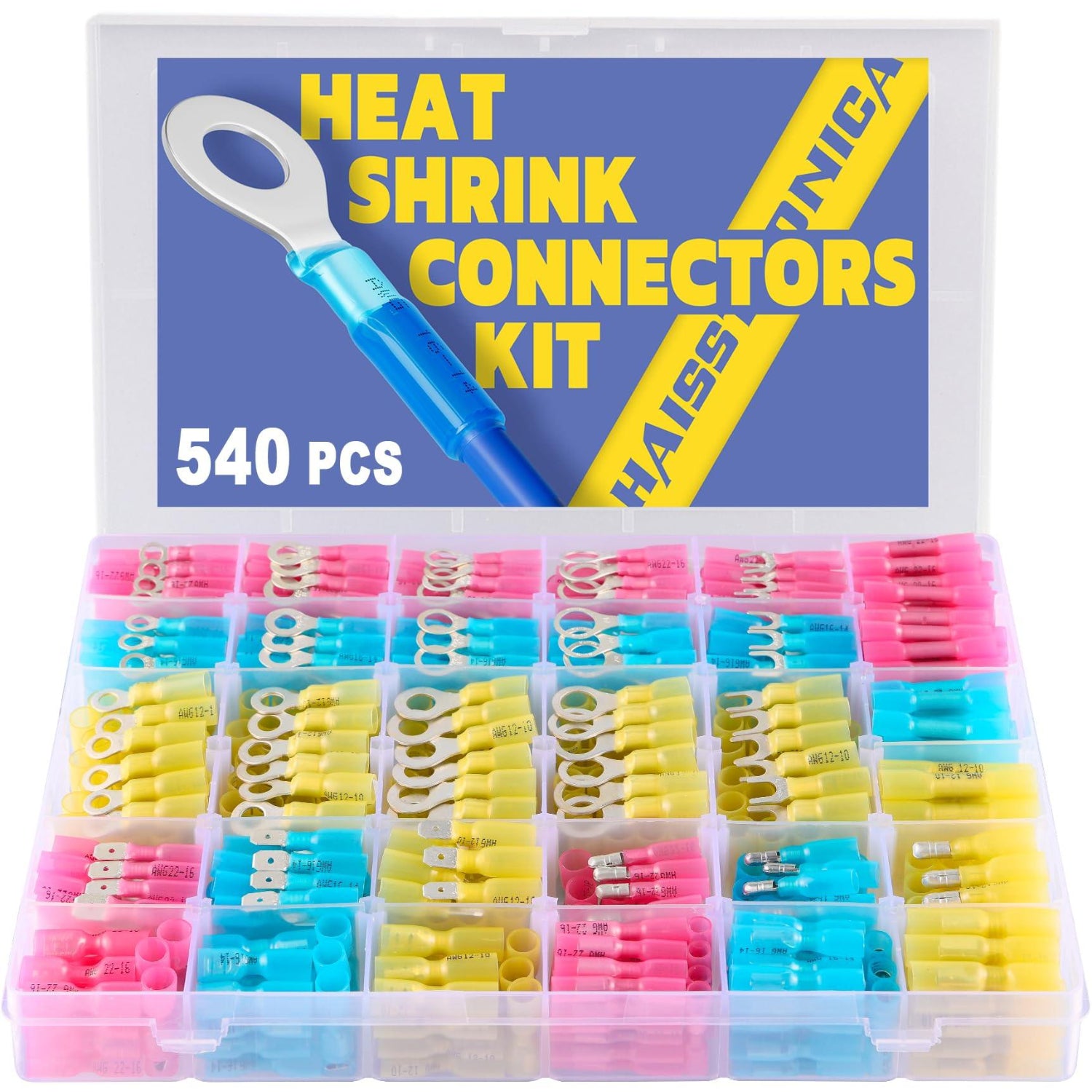 Haisstronica shrink wrap wire connectors kit (540 pcs) for versatile industrial, automotive, and marine applications.