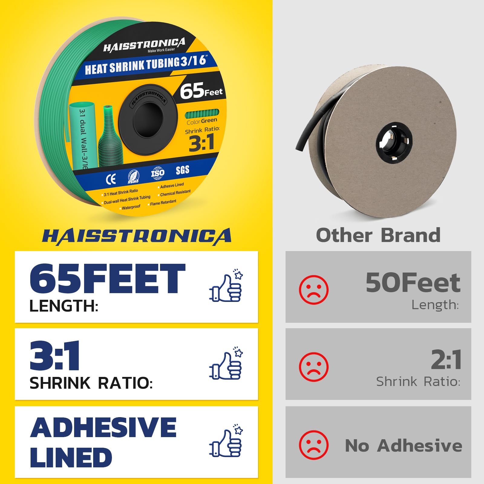 Haisstronica buy heat shrink tubing (3/16", green, 65ft) – flame-retardant, 3:1 ratio, adhesive-lined for DIY projects.