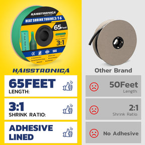 Haisstronica buy heat shrink tubing (3/16", green, 65ft) – flame-retardant, 3:1 ratio, adhesive-lined for DIY projects.