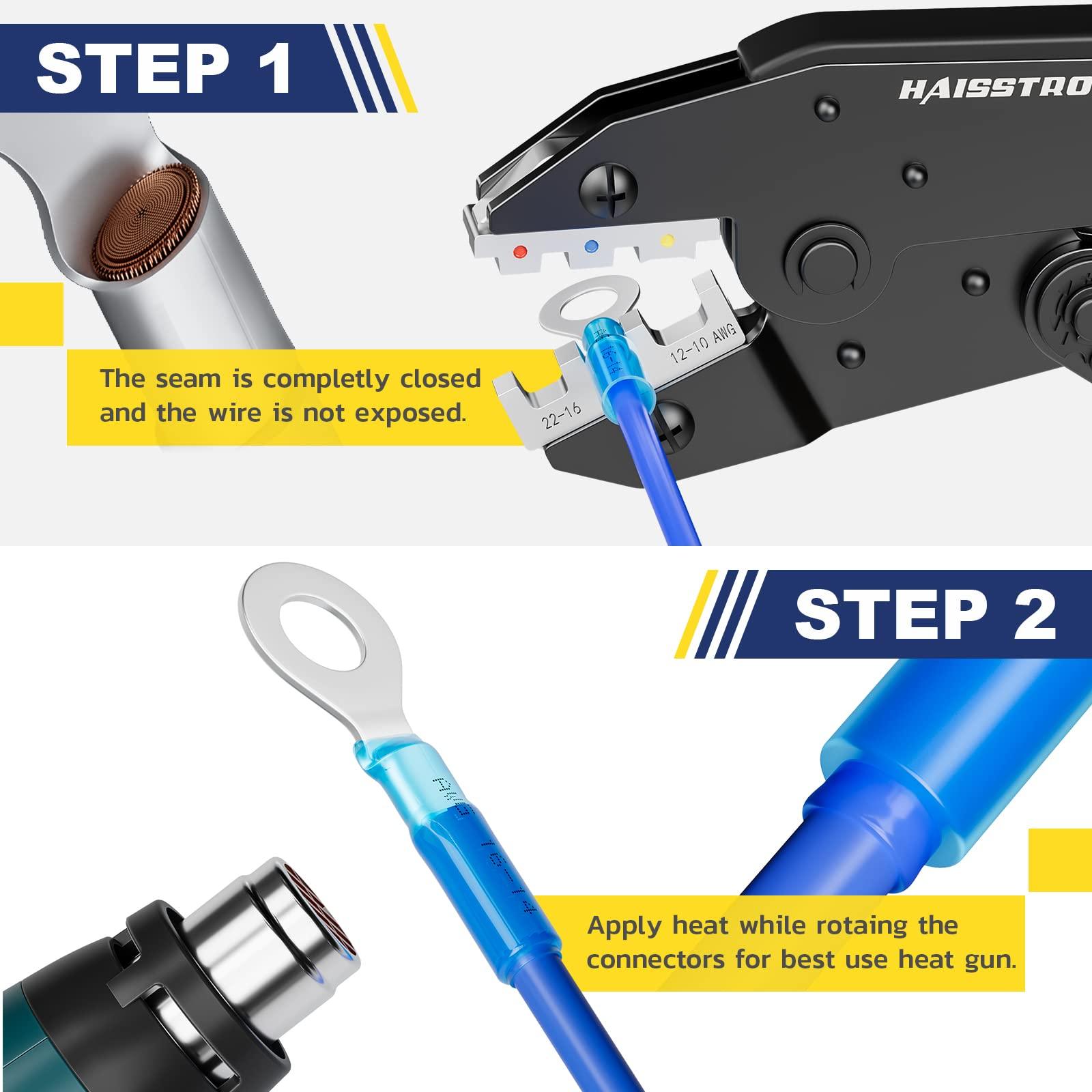 Step-by-step guide for Haisstronica heat shrink butt splice connectors, ensuring sealed and secure wire joints.
