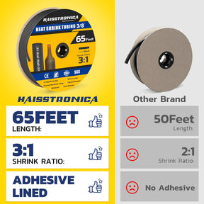 Haisstronica black heat shrink tubing (3/8", 65ft) – SGS-certified, dual-wall, and chemical-resistant for electrical projects.