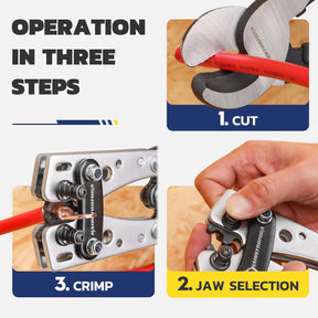 Haisstronica battery crimping tool: 3-step operation (cut, jaw selection, crimp) for 1/0-8 AWG U.S. battery lugs.