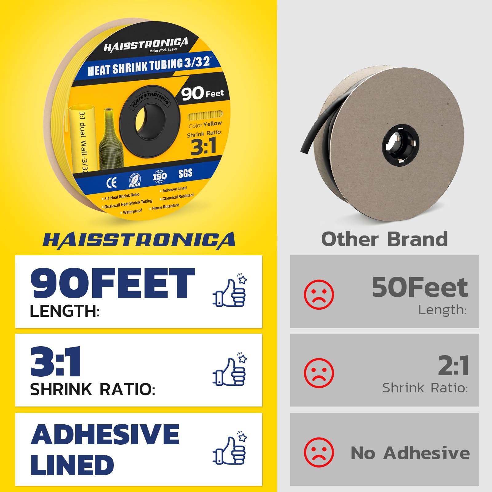 Haisstronica 3/32" yellow adhesive-lined heat shrink tubing, 90 feet, 3:1 ratio, ideal for color-coded wire protection.