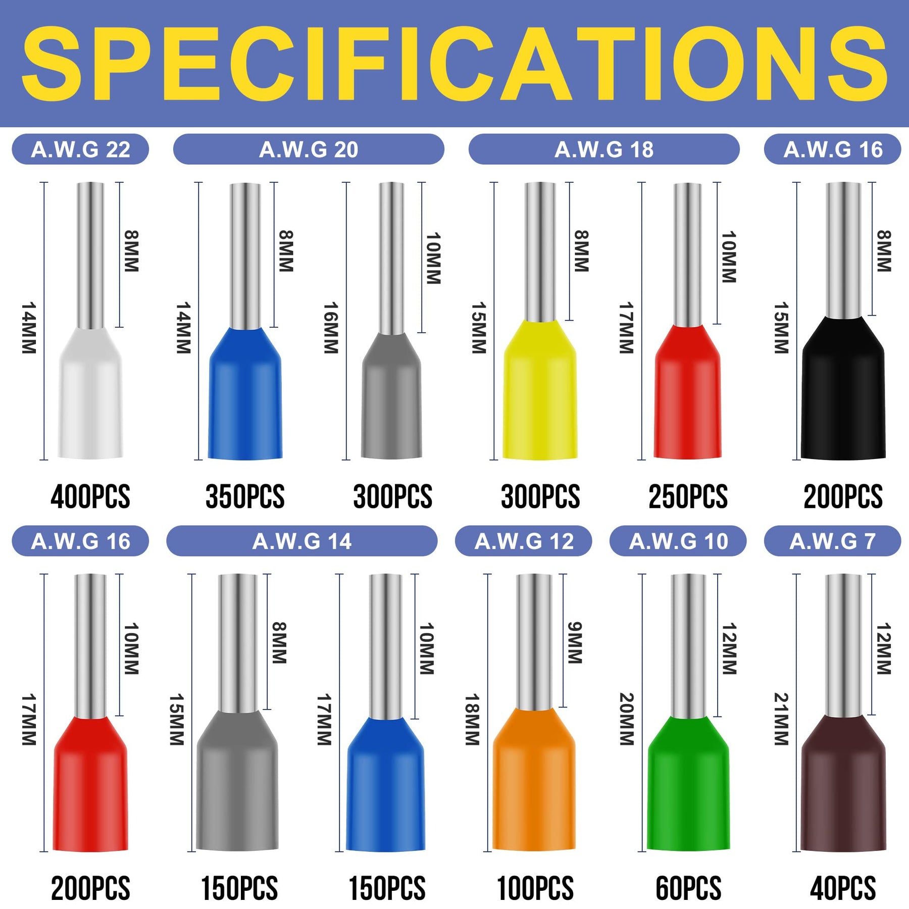 Haisstronica ferrule crimping tools specs: AWG 22-7, color-coded caps, metal part lengths, 12 variants.