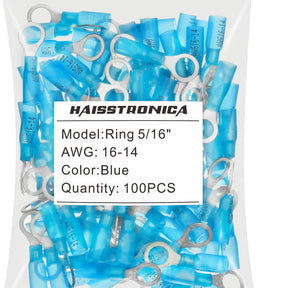 Haisstronica heat shrink marine connectors (5/16", Blue, 16-14AWG, 100PCS) resistant to saltwater corrosion.