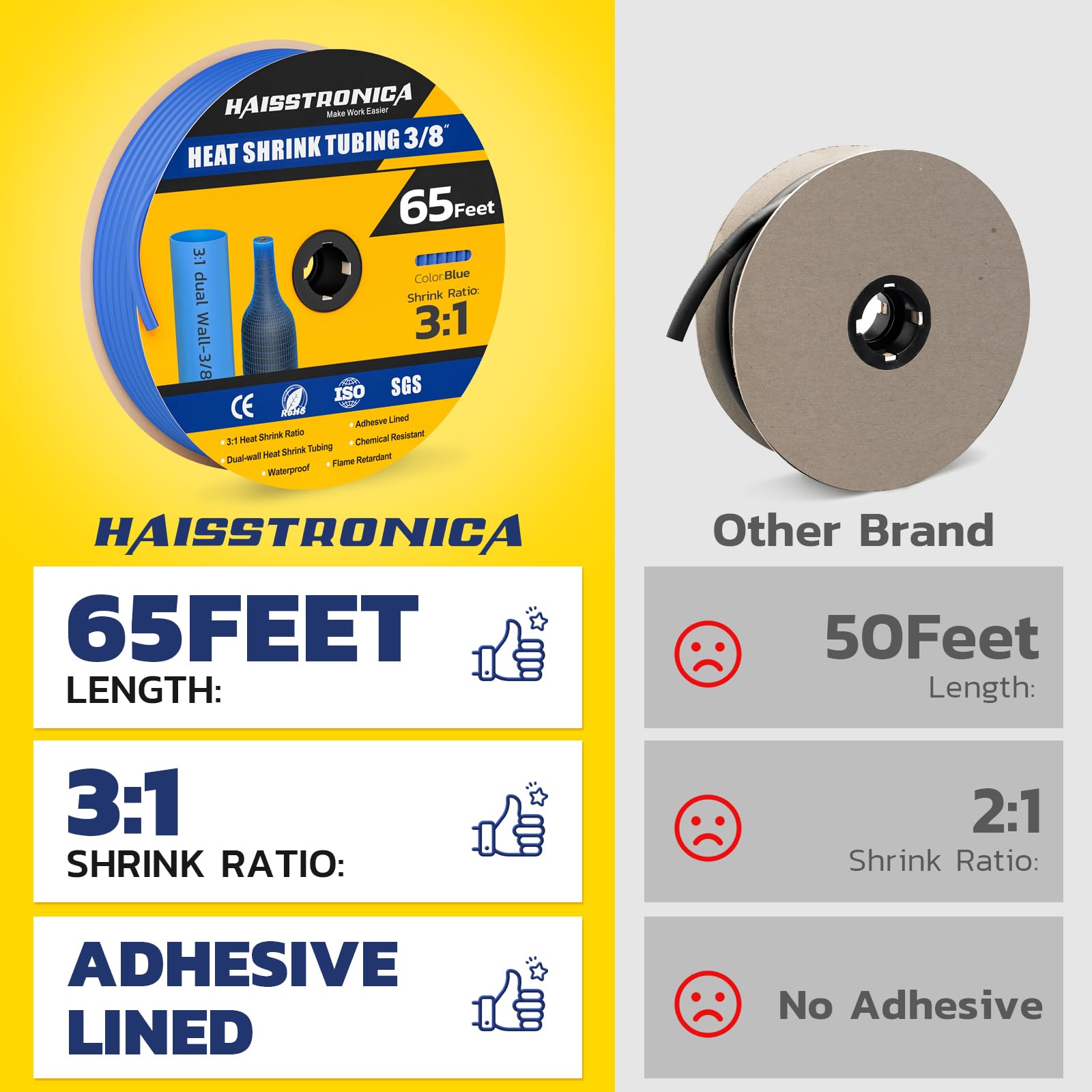 Haisstronica waterproof heat shrink tubing (3/8", 65ft) – 3:1 ratio, adhesive-lined, and flame-resistant for industrial cables.