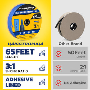 Haisstronica waterproof heat shrink tubing (3/8", 65ft) – 3:1 ratio, adhesive-lined, and flame-resistant for industrial cables.