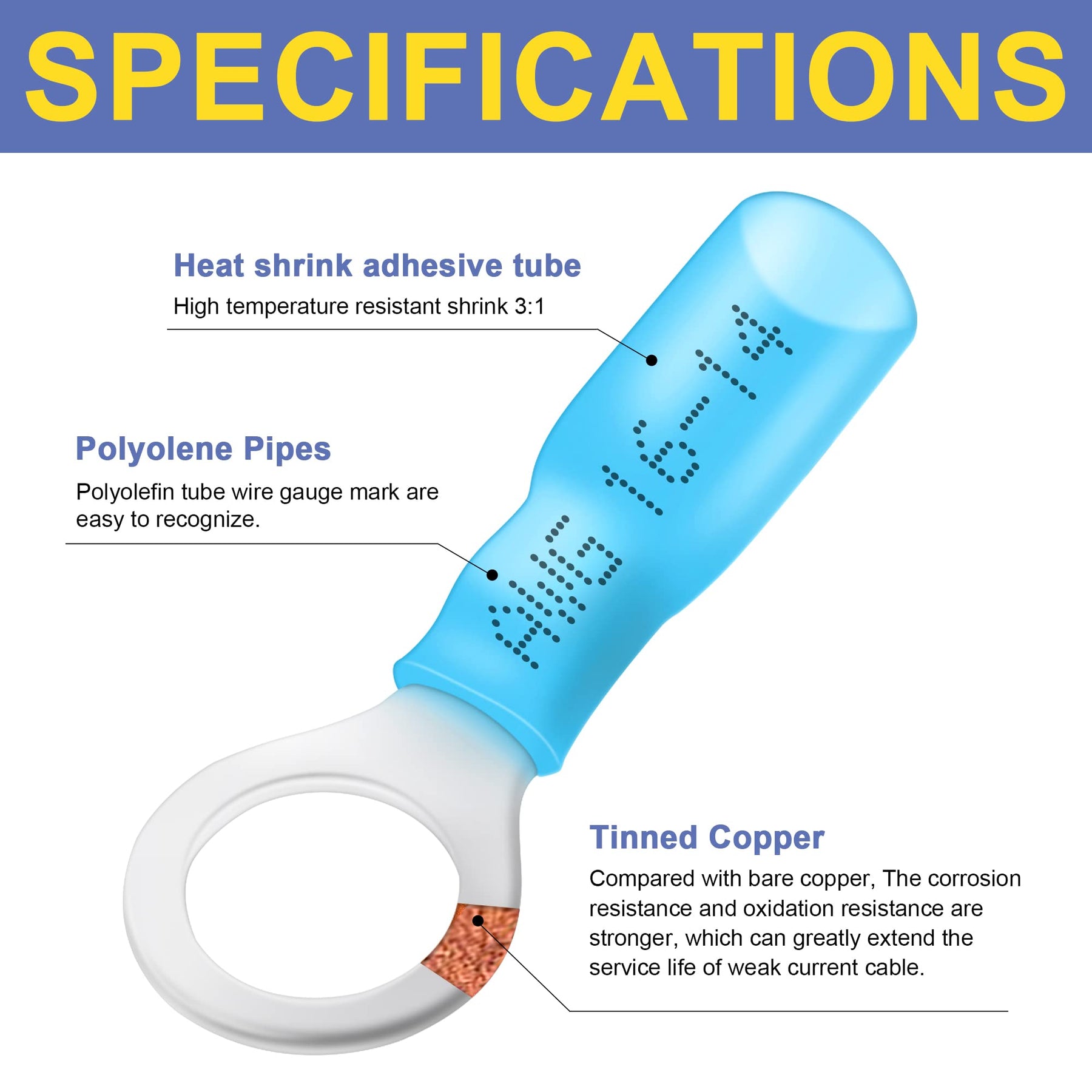 Haisstronica heat shrink butt connectors with 3:1 adhesive tubing, high-temperature resistance, and polyolefin insulation for durable AWG 22-16 wire splicing.