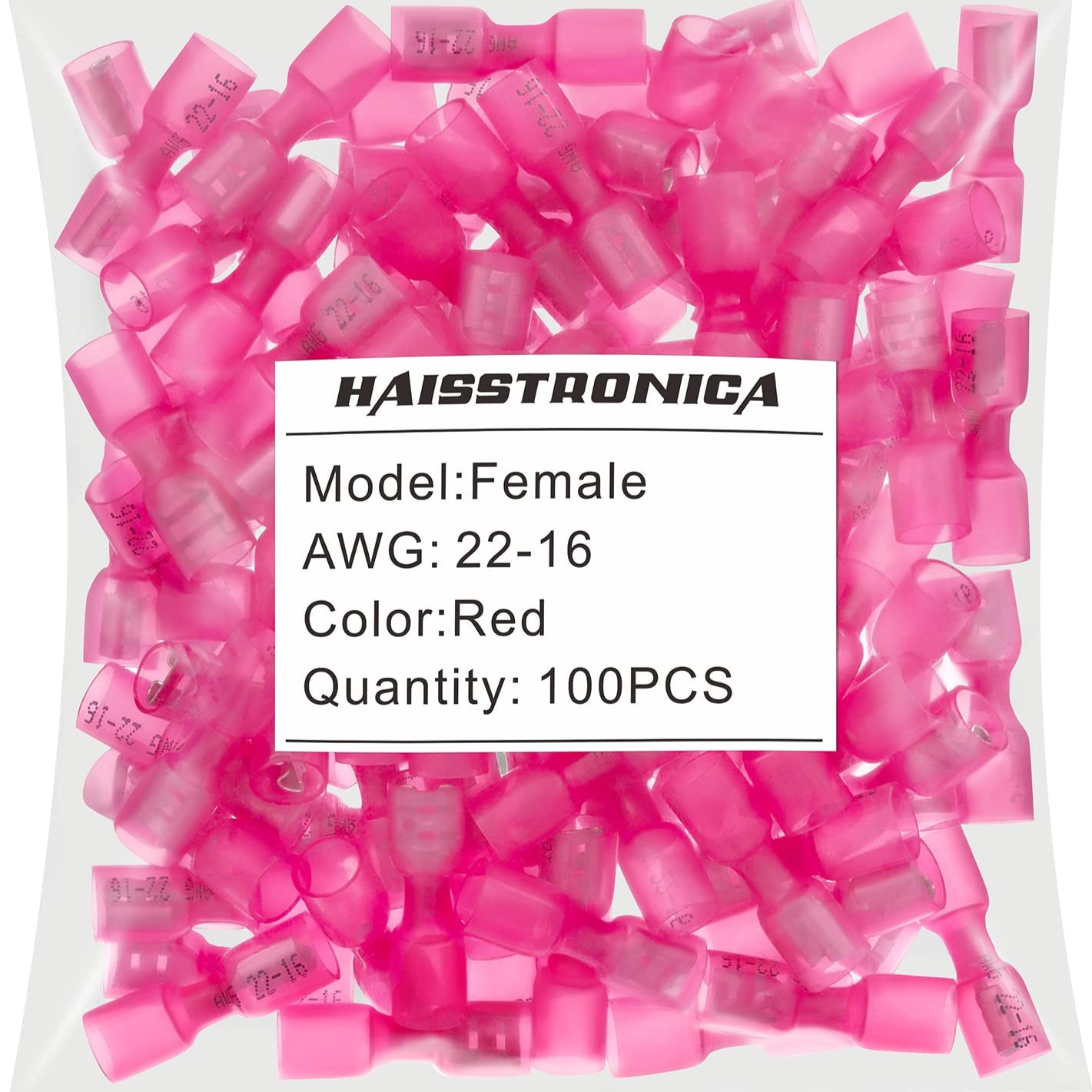 Haisstronica heat shrink electrical connectors, 100PCS red female terminals for AWG 22-16 cables.