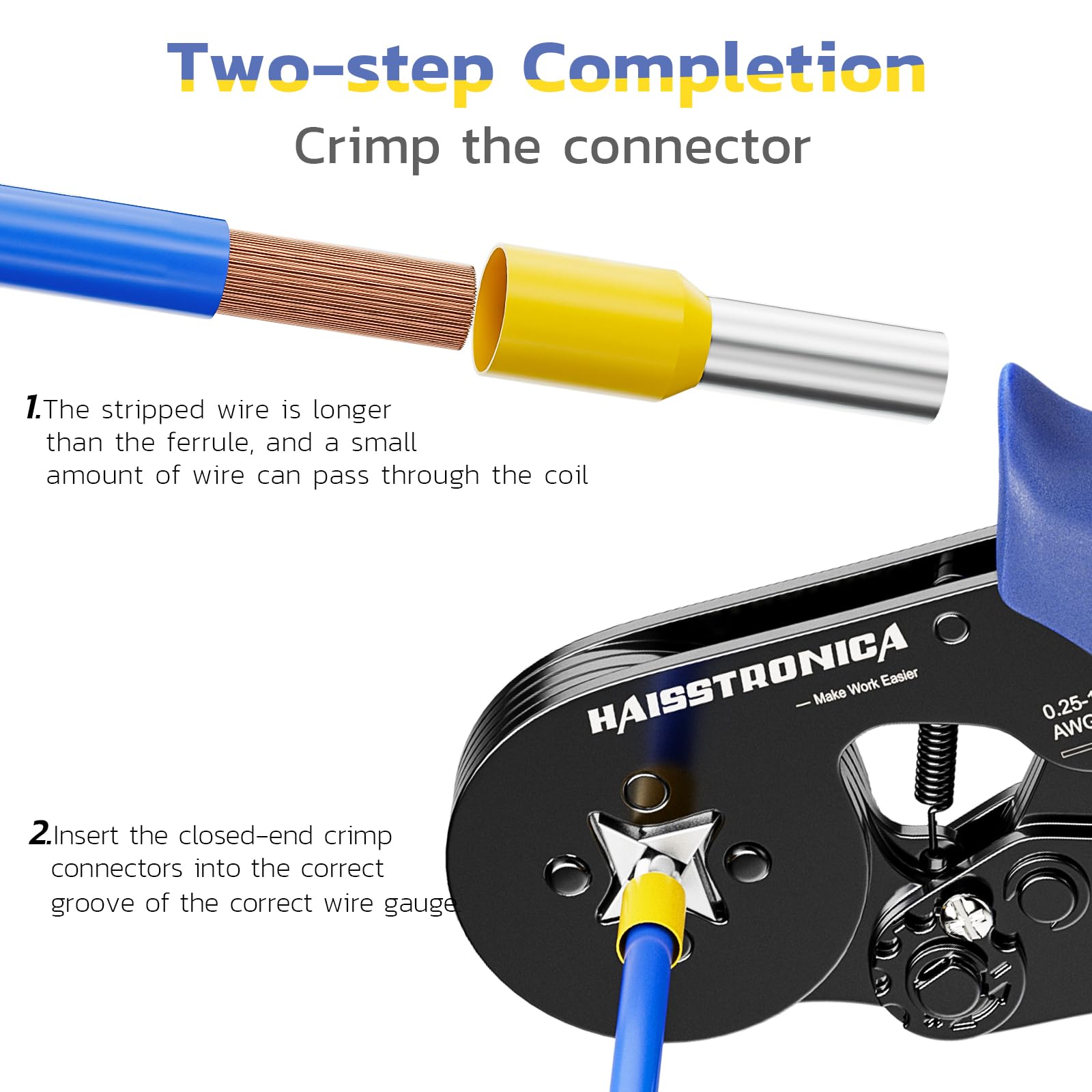 Haisstronica ferrule crimping tool with two-step process for closed-end connectors (AWG 14-20) and secure wire alignment.