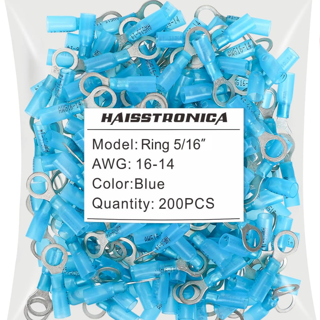 Haisstronica heat shrink marine connectors (5/16", Blue, 16-14AWG, 200PCS) IP67-rated for harsh environments.
