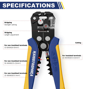 Haisstronica wire strippers specs: 12-10AWG (non-insulated), 22-10AWG (insulated), cutting & stripping lever mechanism, blue/yellow handles.