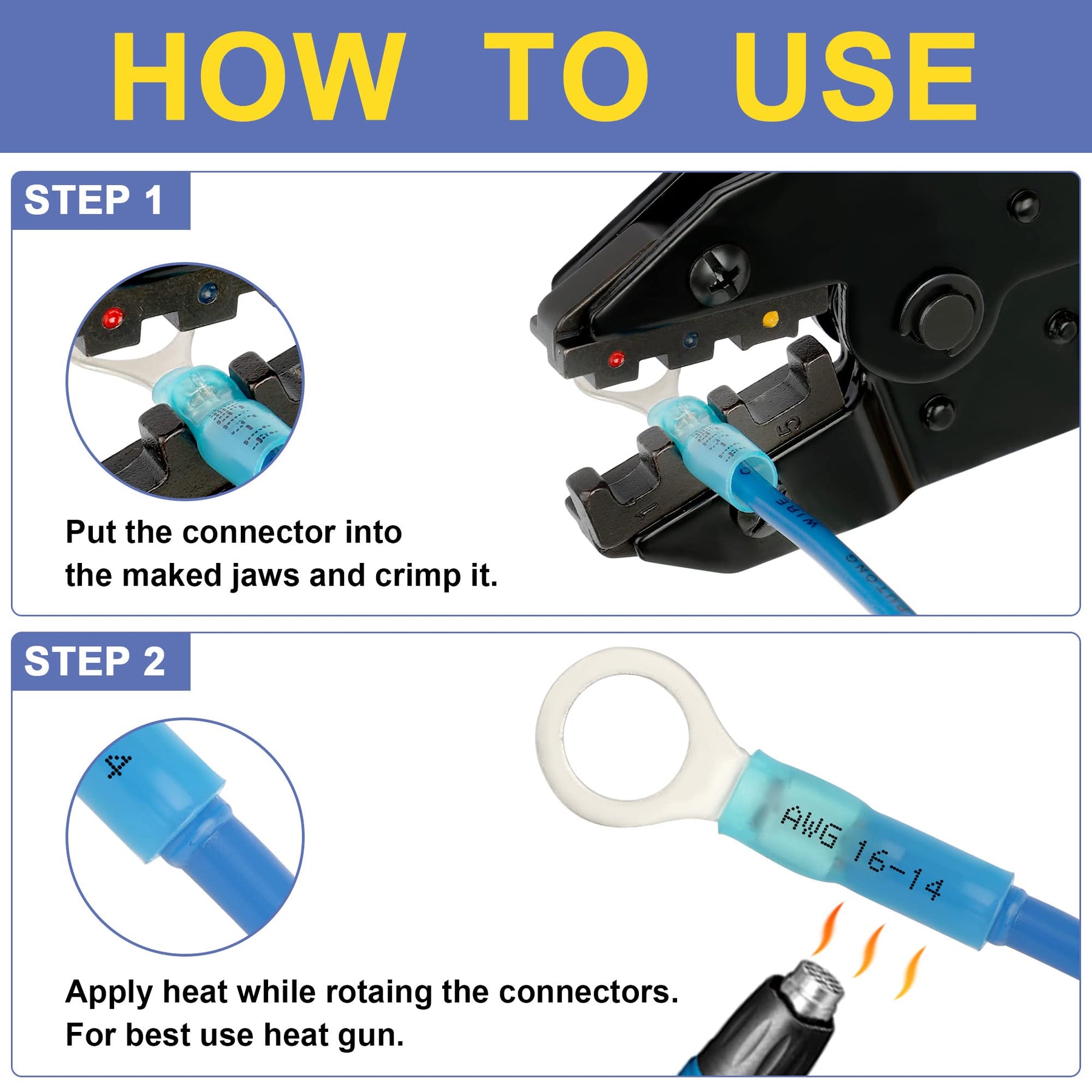Haisstronica heat shrink electrical connector step guide, AWG 16-14, heating with orange flame, blue wire.