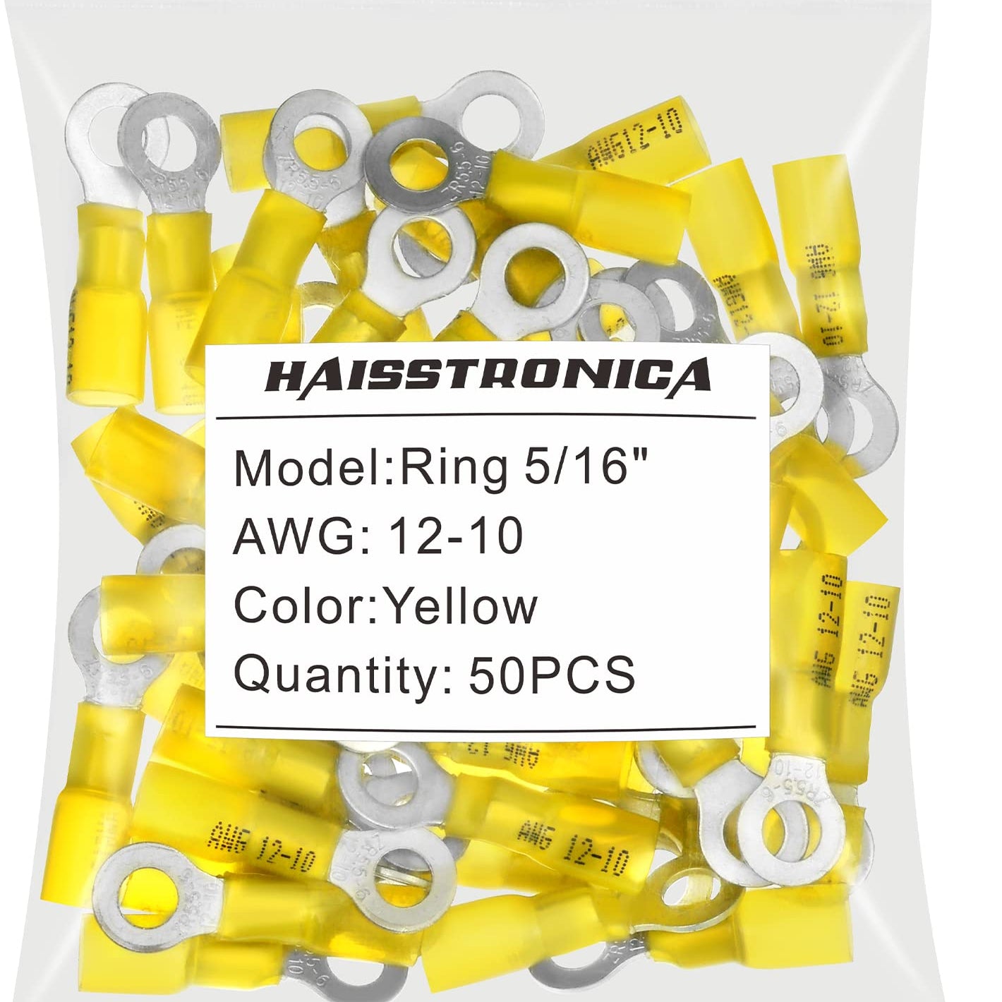 Haisstronica heat shrink butt splice connectors (5/16", Yellow, 12-10AWG, 50PCS) designed for heavy-duty wire repairs.