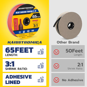 Haisstronica 1/4" red adhesive-lined heat shrink tubing, 65 feet, 3:1 ratio, chemical-resistant.