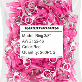 Haisstronica crimp heat shrink terminals (3/8", Red, 22-16AWG, 200PCS) for industrial and automotive applications.