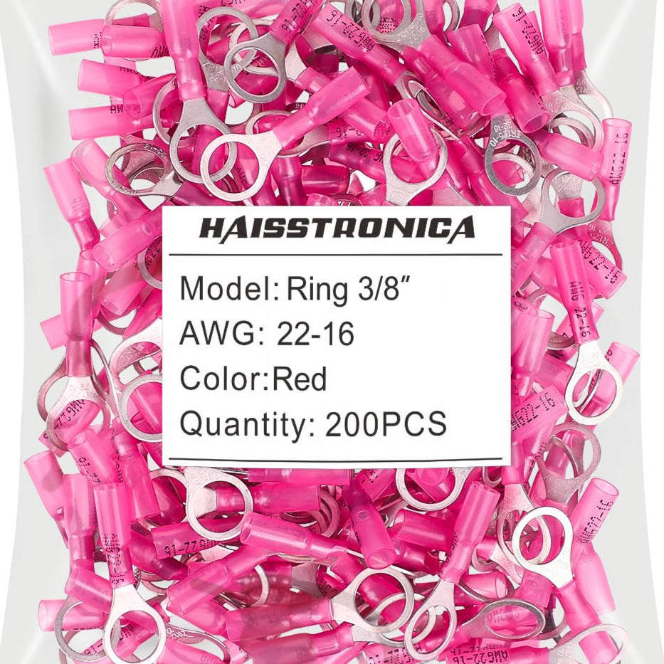 Haisstronica crimp heat shrink terminals (3/8", Red, 22-16AWG, 200PCS) for industrial and automotive applications.