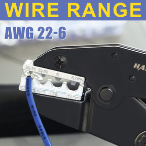 HAISSTRONICA AWG22-6 Ratchet Crimper - Black body, silver jaw (22-14,12-10 AWG) with WIRE RANGE label. Blue wire shown.
