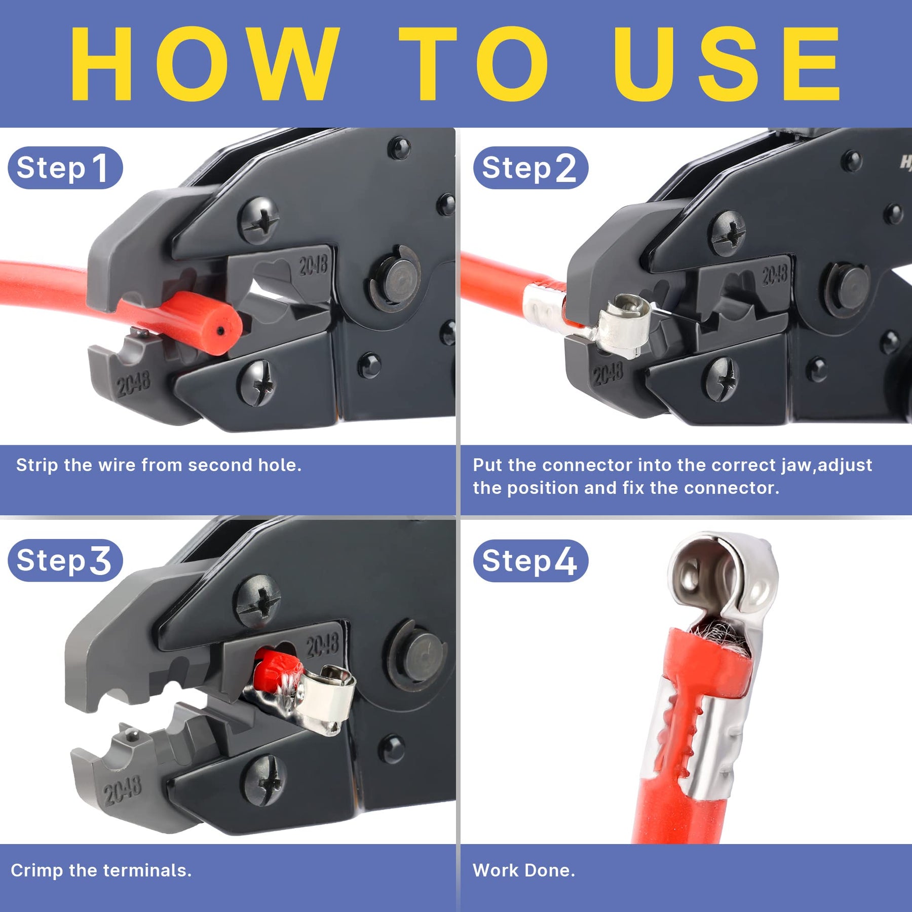 Step-by-step guide for Haisstronica spark plug crimping tool: stripping, aligning connectors, and crimping terminals.
