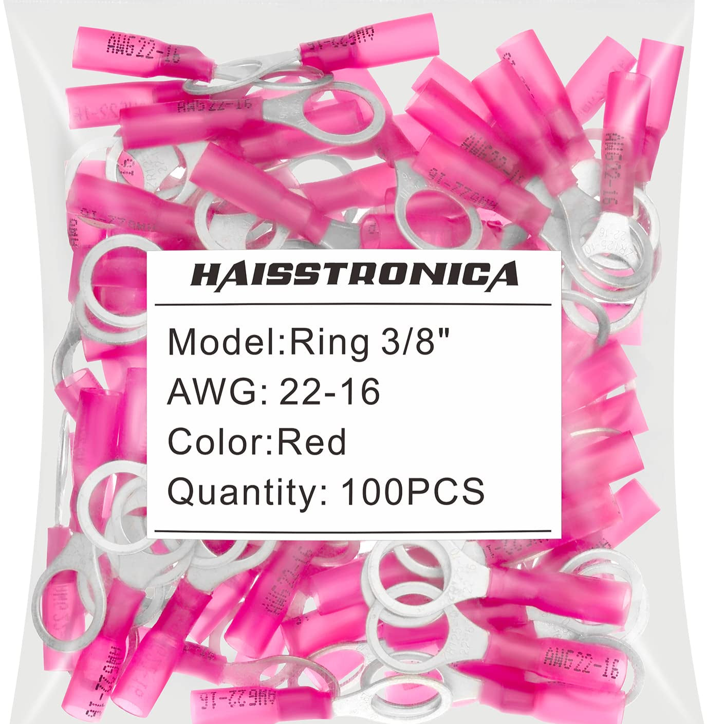 Haisstronica heat shrink crimp terminals (3/8", Red, 22-16AWG, 100PCS) designed for industrial wiring projects.