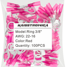 Haisstronica heat shrink crimp terminals (3/8", Red, 22-16AWG, 100PCS) designed for industrial wiring projects.