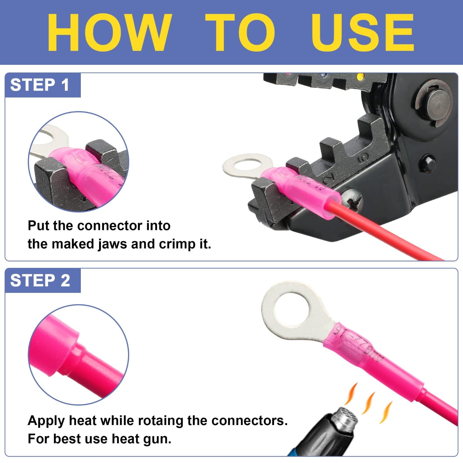 Haisstronica crimp heat shrink terminals: step-by-step crimping and heat-shrinking for secure connections.