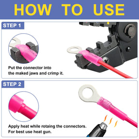 Haisstronica crimp heat shrink terminals: step-by-step crimping and heat-shrinking for secure connections.